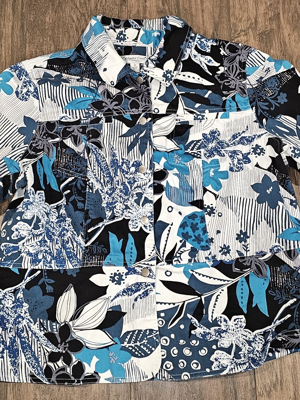 Coldwater Creek Floral Snap Front  Peplum Jacket Blue White Size 1X